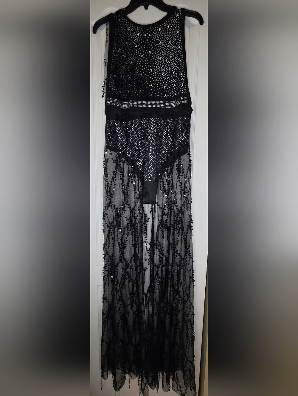 Women's Black Solid Round Neck Sleeveless Sheer Mesh Sequin Long Maxi Dress XL